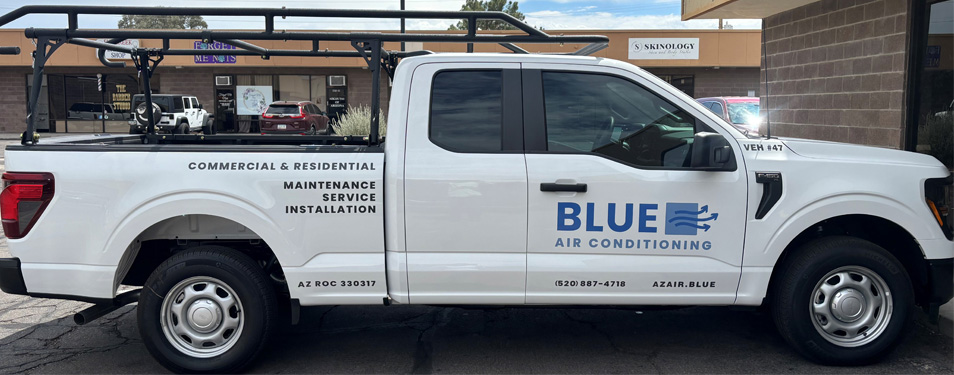 Blue Air Conditioning company truck with blue business graphics applied by Innovative Signs.