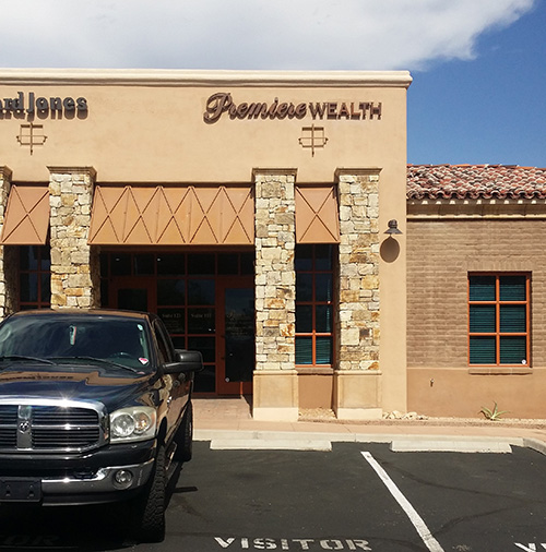 Installed architectural channel lettering on the Premiere Wealth building in Tucson.